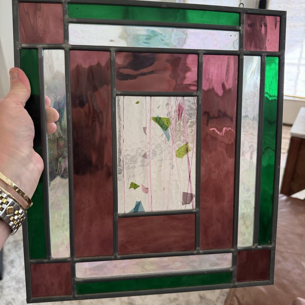 Vtg Rectangular Stained Glass Multi Colored Wall Hanging Sun Catcher Geo 14x13"